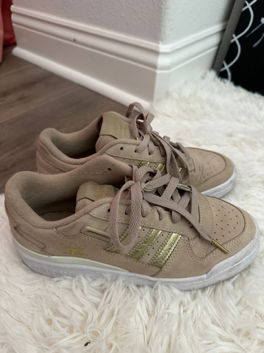 adidas Taupe Suede Sneakers with Metallic Gold Stripes